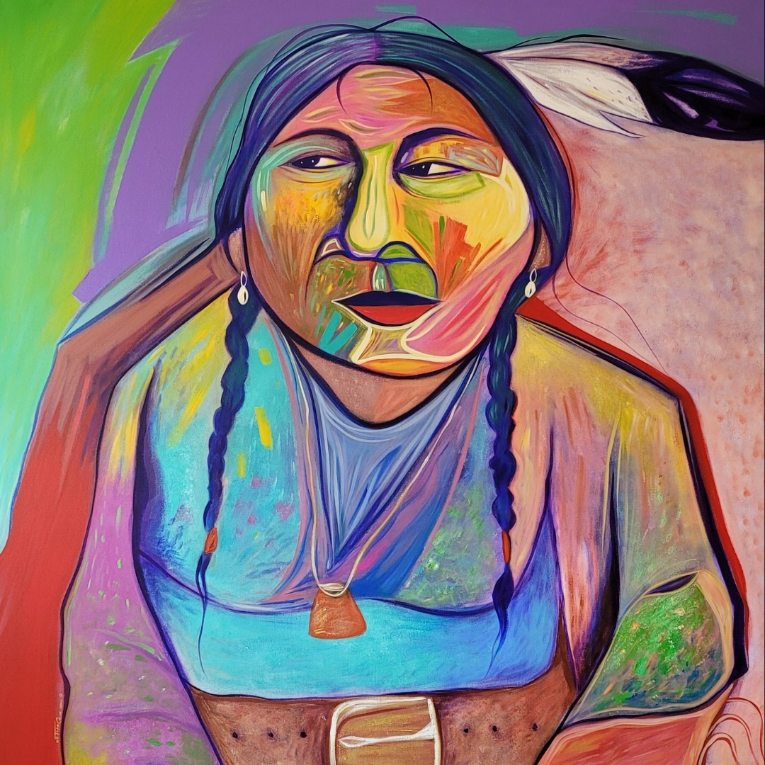 DJ Tapaquon, Mother Looks On (Her Good Old Stories), 2024, Photo credit: SK Arts: Brightly coloured artwork of Indigenous woman with single braid and feather.