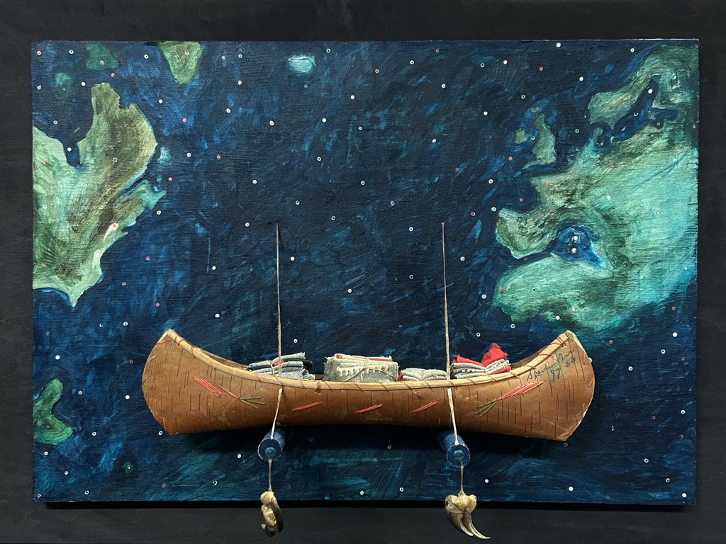 Indigenous Canadian Artist Sheila Orr - Artwork titled Returning Tainted Gifts, 1999 - A mixed media  artwork showing a canoe stacked with blankets attached to painting of the sea.