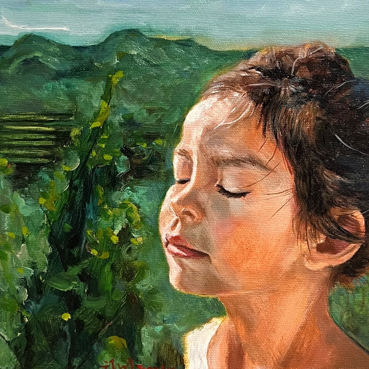 Just Breathe. JingLu Zhao-Saskatoon Artist painting artwork of young girl of Chinese decent has her hair in a pony tail and her eyes closed inhaling. There is greenery in the landscape in the background.