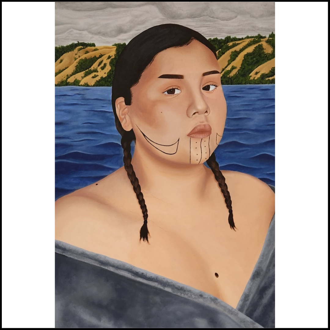 Painting titled 'My Ancestor calls to me' by Tianna Delorme. The image is of an indigenous women with cultural symbols and markings on her face. Her hair in braided in pigtails, and she has a grey blanket wrapped around her arms. Behind her is a scenic view of grey skies, mountains with sparse greenery and plains and a lake/body of water.