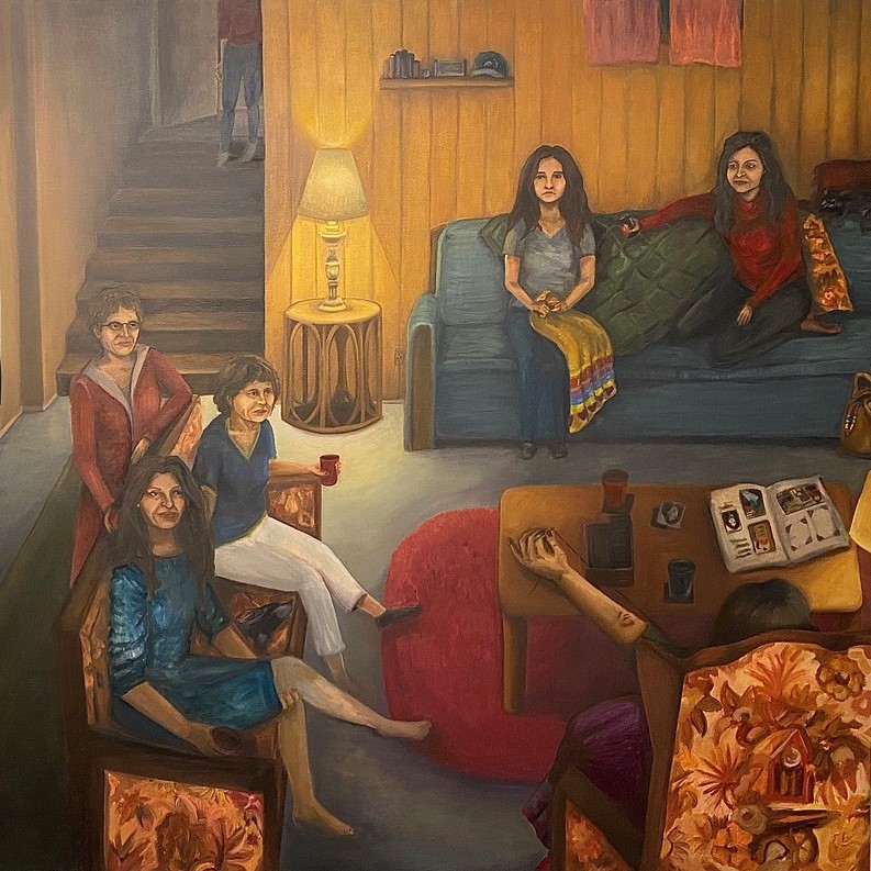 Holly Aubichon, SK Arts 75th anniversary nominee - The painting shows 6 women sitting in a living room. The women appear to be listening to one woman with her arms outstretched.