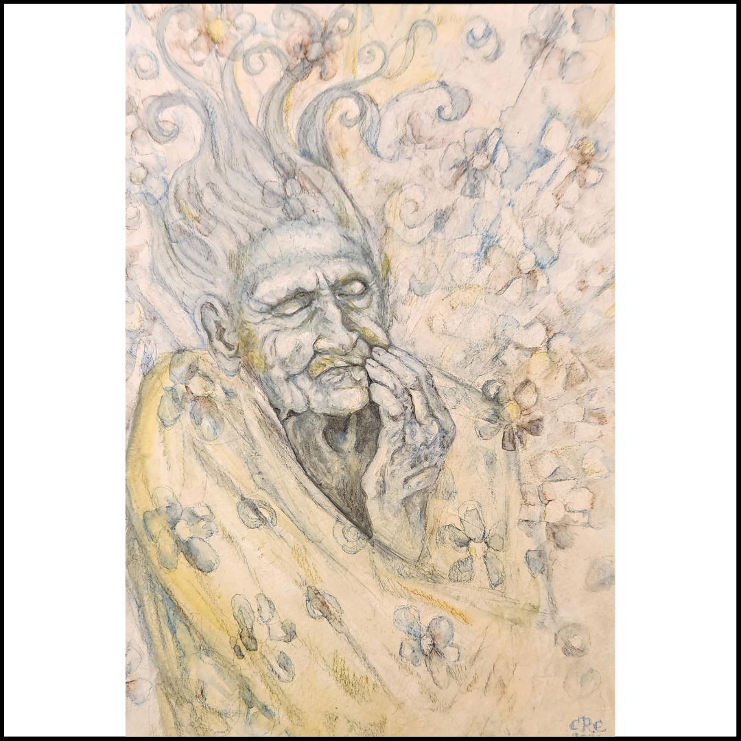 Painting titled 'It's Always Spring in my Heart' by Chrystene Ells shows an old woman with hair like  vapour. She has one hand touching her face and is wrapped in a blanket. The painting has flowers all over and is made on a cream background and painted with a light-blue paint.