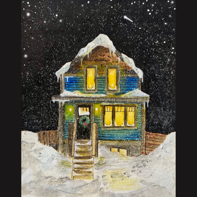 Painting by Kate Boyer titled A Christmas Night - A house in the night with snow and stars lighting up the dark sky.