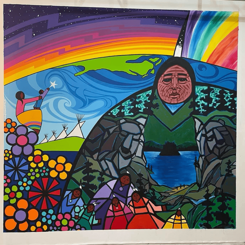 Kevin Peeace - In celebration of our mother - Colourful painting of indigenous woman in a field of flowers with a rainbow behind her.