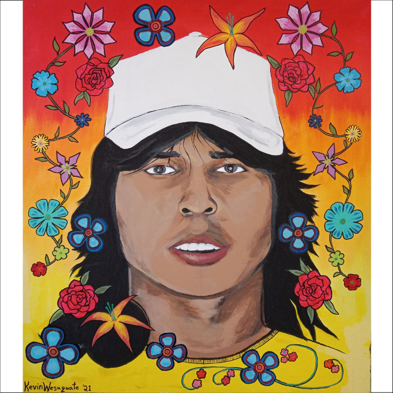 Kevin Wesaquate - Colourful portrait painting of a man in a white cap with flowers floating all around his head.