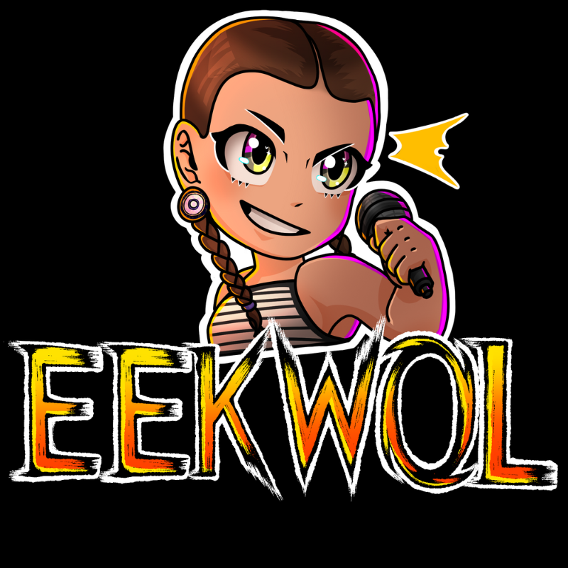 Eekwol - Cartoon portrait of a girl with a microphone and pigtail. The name E-E-K-W-O-L spelled.