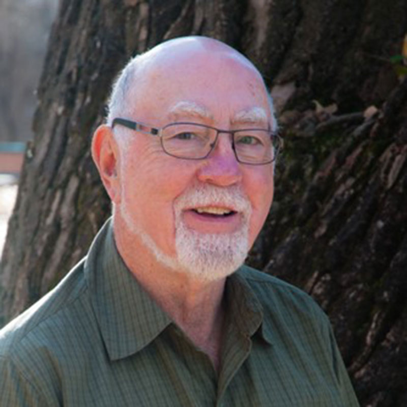 Portrait of white male, Robert Currie. He balding gray hair, gray eyebrows, mustache and beard. He is wearing glasses and a green button down short with a tree trunk in the background.