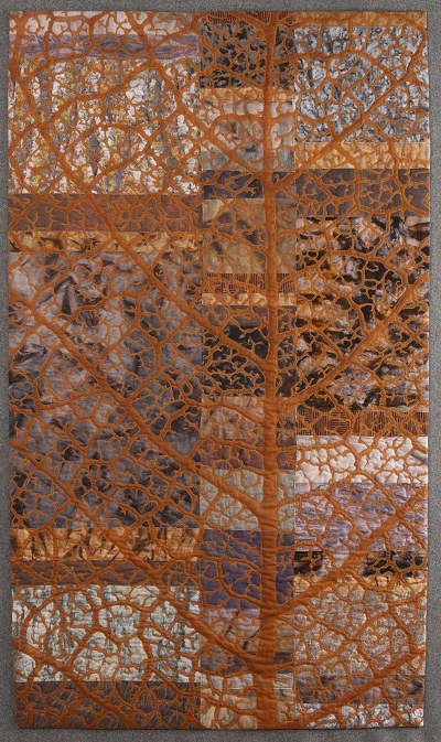 SKArts - Martha Cole, Leaf Skeleton, 2014, hand-painted and digitally printed fabrics, hand-painted sheer fabric, Setacolor fabric paint, thread, cotton batting.