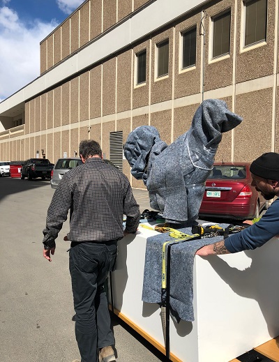 SKArts - Joe Fafard’s "Reveille" being moved to its new home on the second floor of the Frances Morrison Central Library in Saskatoon.