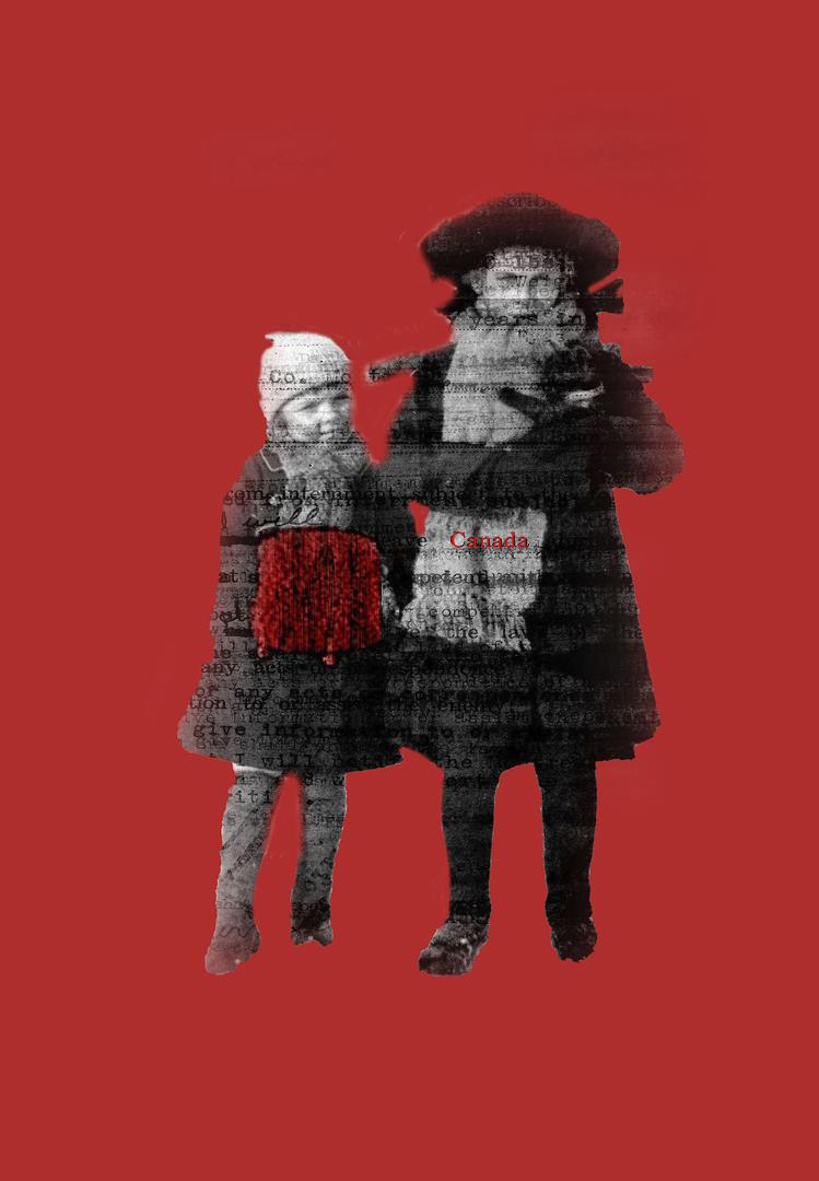 A portrait of two young girls wearing expensive winter clothing with a red background. There is typing over the image of the girls.
