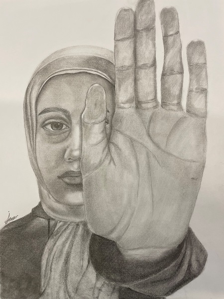 A drawing of a woman wearing a hijab and holding her hand up.