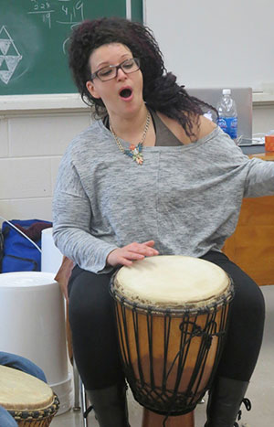Teaching drumming at École Notre-Dame-des-Vertus in Zenon Park
