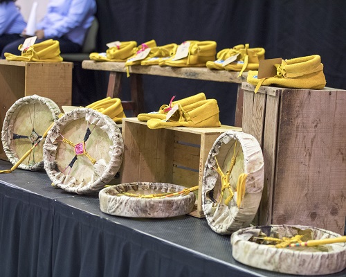Finished drums and moccasins created by the students