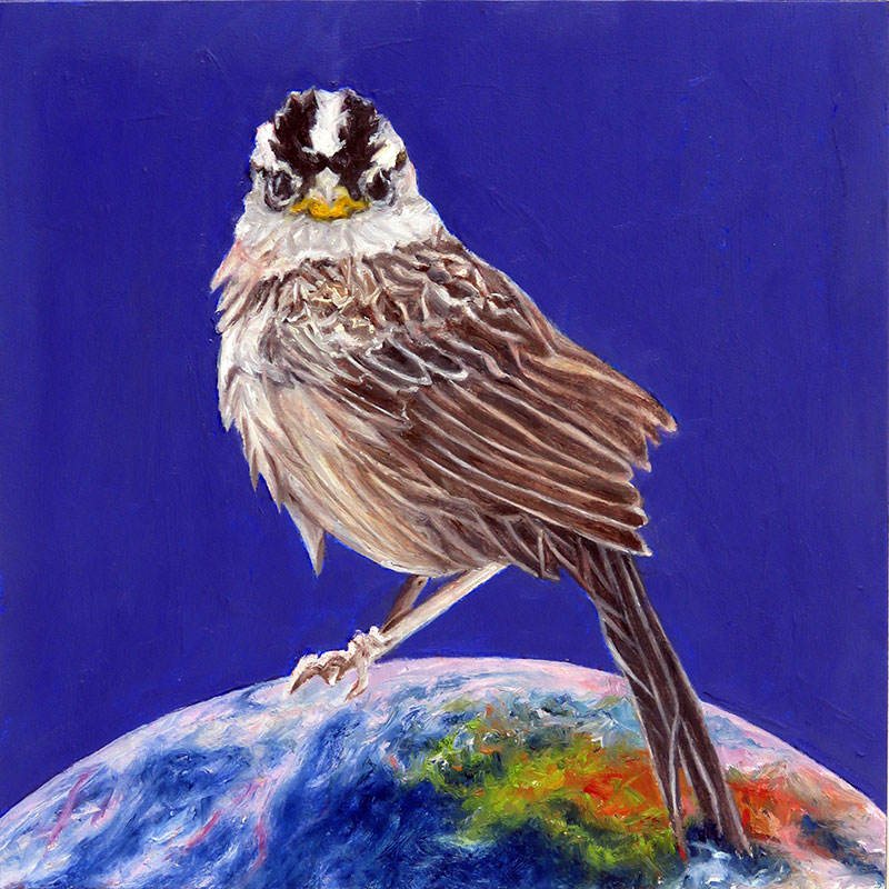 Laureen Marchand - Painting of a pink bird with a navy blue background