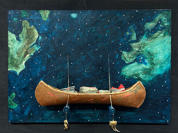 Indigenous Canadian Artist Sheila Orr - Artwork titled Returning Tainted Gifts, 1999 - A mixed media  artwork showing a canoe stacked with blankets attached to painting of the sea